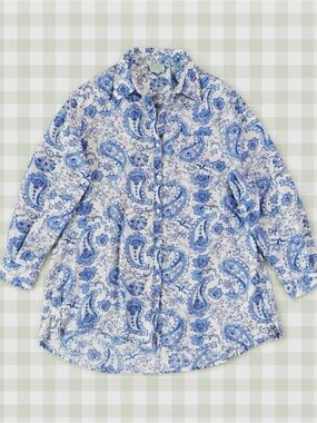 True Destinations Woman Blue White Paisley Light Cotton Relax Button Down LARGE